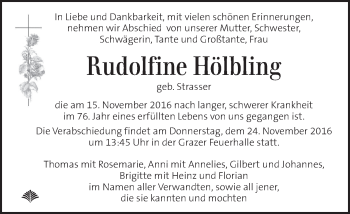 Traueranzeige von Rudolfine Hölbling von Kleine Zeitung