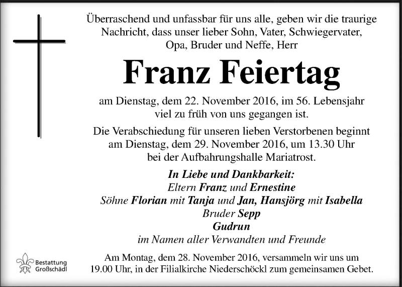  Traueranzeige für Franz Feiertag vom 25.11.2016 aus Kleine Zeitung