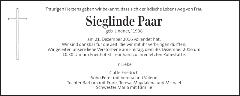  Traueranzeige für Sieglinde Paar vom 25.12.2016 aus Kleine Zeitung