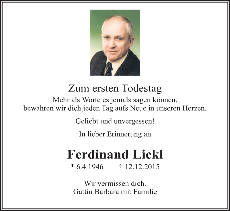  Traueranzeige für Ferdinand Lickl vom 11.12.2016 aus Kleine Zeitung