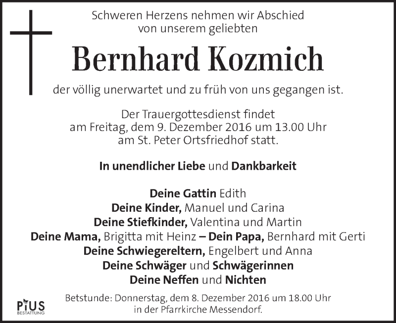  Traueranzeige für Bernhard Kozmich vom 08.12.2016 aus Kleine Zeitung