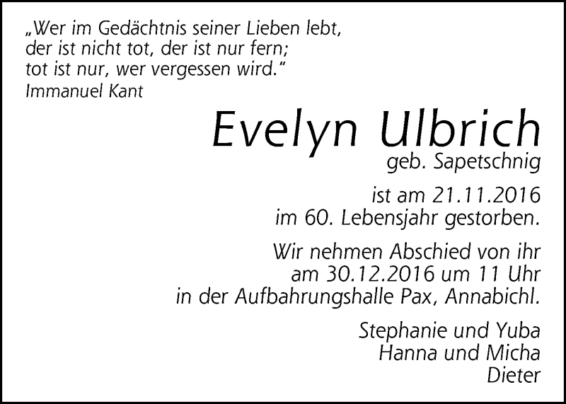  Traueranzeige für Evelyn Ulbrich vom 27.12.2016 aus Kleine Zeitung