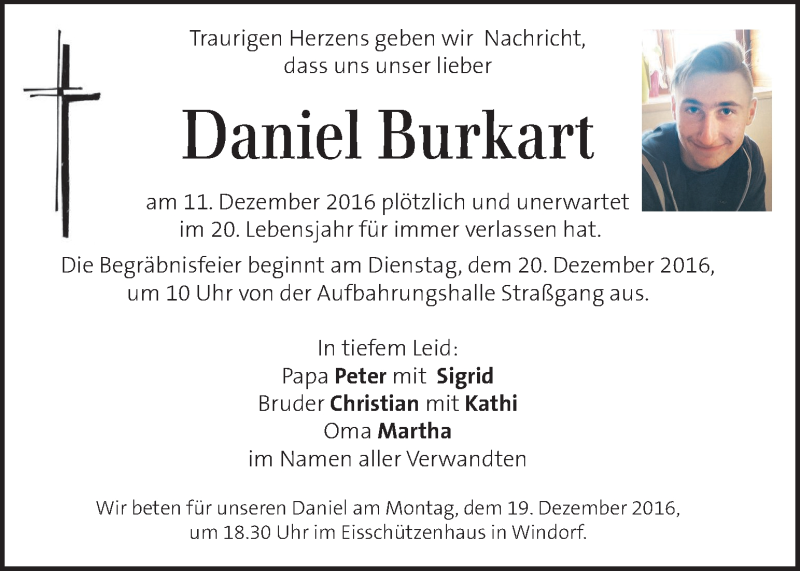  Traueranzeige für Daniel Burkart vom 16.12.2016 aus Kleine Zeitung