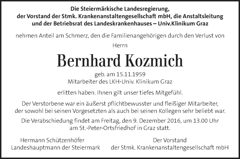  Traueranzeige für Bernhard Kozmich vom 08.12.2016 aus Kleine Zeitung