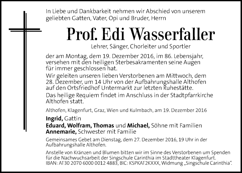  Traueranzeige für Edi Wasserfaller vom 24.12.2016 aus Kleine Zeitung