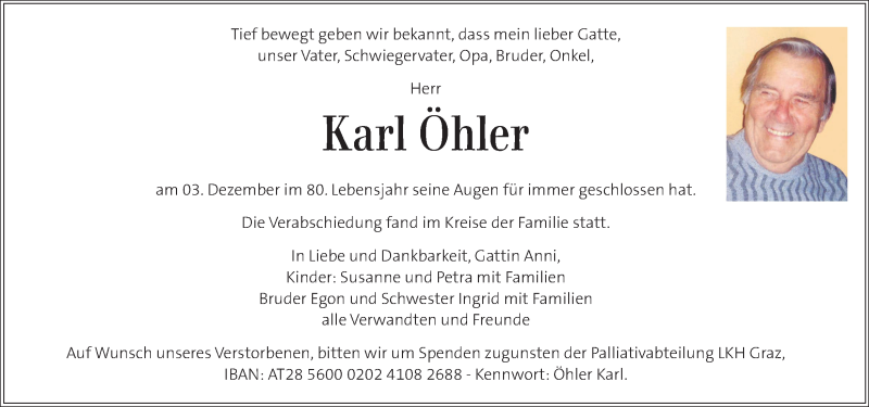  Traueranzeige für Karl Öhler vom 10.12.2016 aus Kleine Zeitung