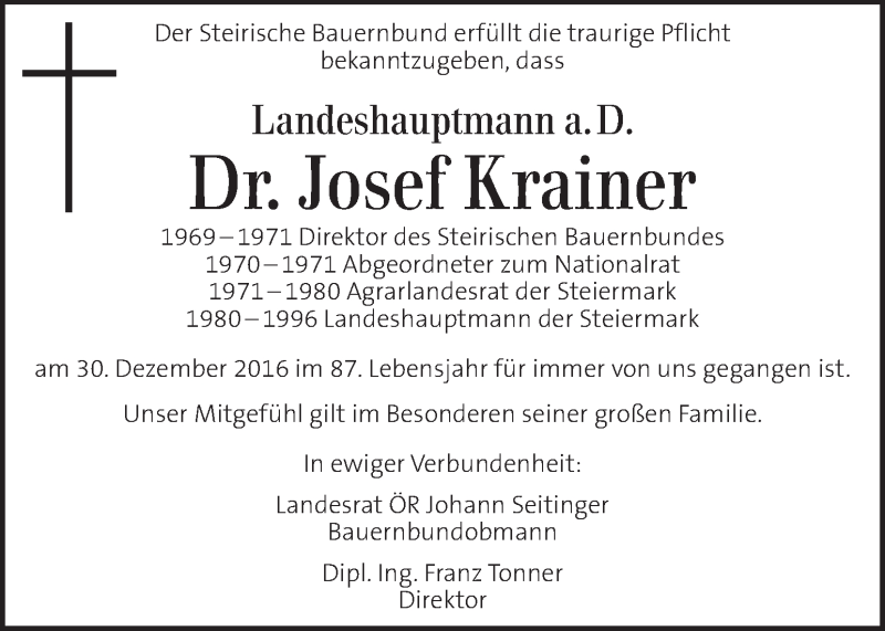 Traueranzeige für Josef Krainer vom 01.01.2017 aus Kleine Zeitung