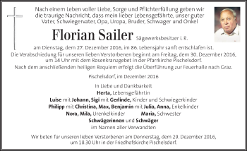 Traueranzeige von Florian Sailer von Kleine Zeitung