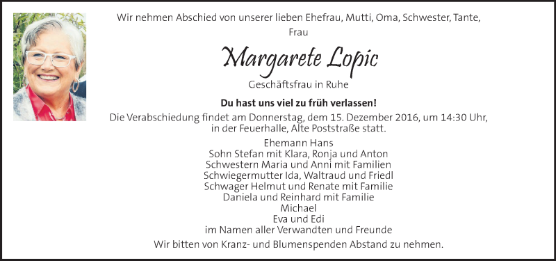  Traueranzeige für Margarete Lopic vom 13.12.2016 aus Kleine Zeitung