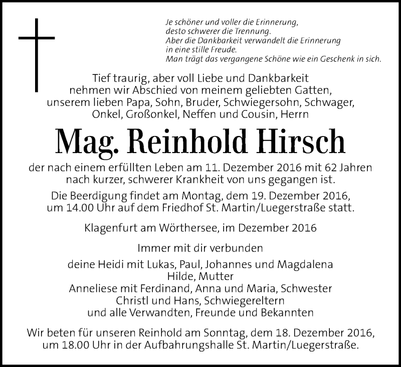  Traueranzeige für Reinhold Hirsch vom 15.12.2016 aus Kleine Zeitung
