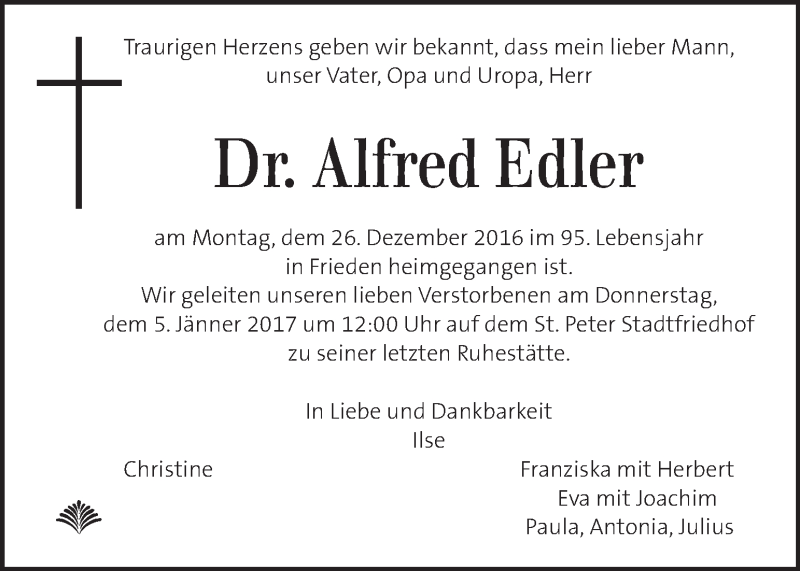  Traueranzeige für Alfred Edler vom 31.12.2016 aus Kleine Zeitung