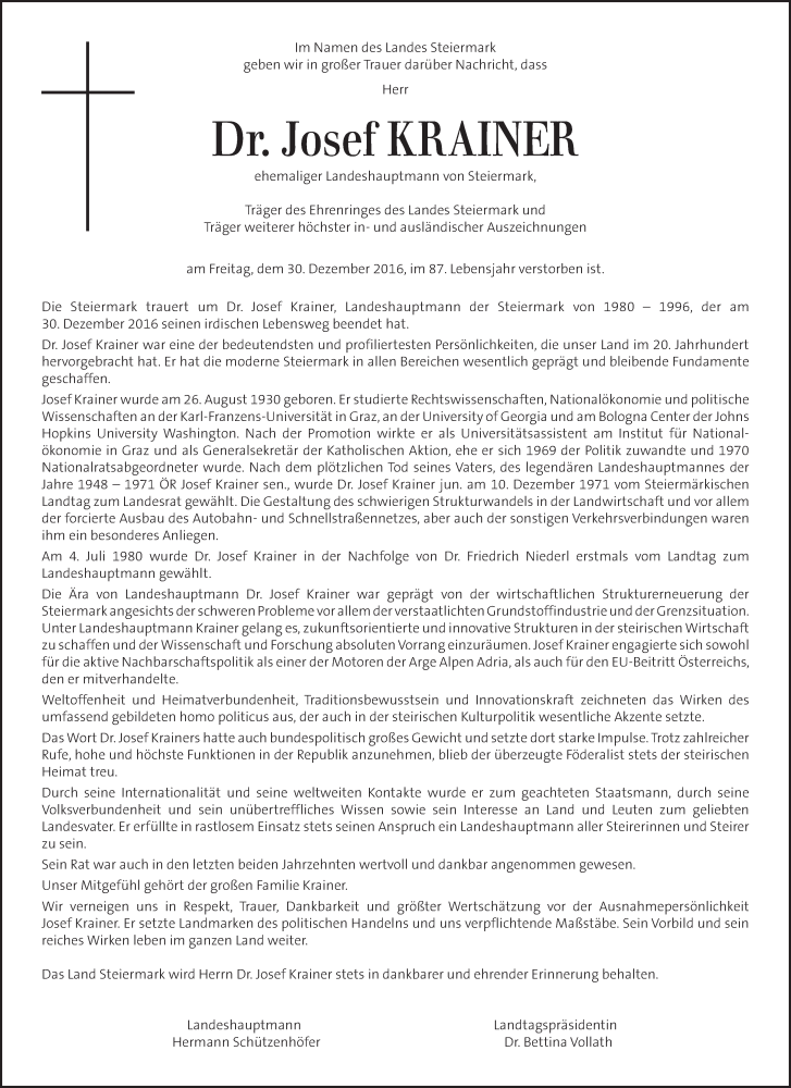  Traueranzeige für Josef Krainer vom 01.01.2017 aus Kleine Zeitung