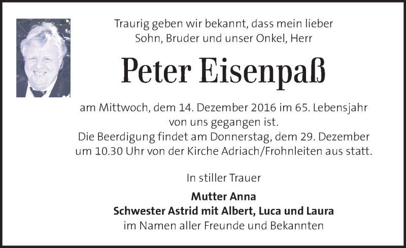  Traueranzeige für Peter Eisenpaß vom 23.12.2016 aus Kleine Zeitung