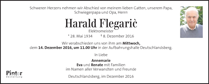  Traueranzeige für Harald Flegaric vom 11.12.2016 aus Kleine Zeitung