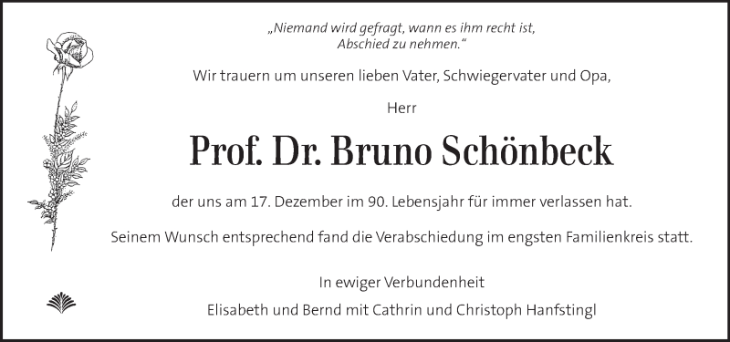  Traueranzeige für Bruno Schönbeck vom 24.12.2016 aus Kleine Zeitung