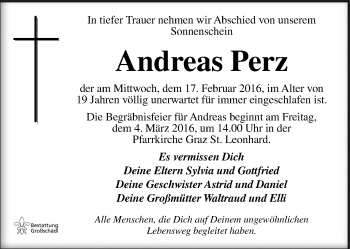 Traueranzeige von Andreas Perz von Kleine Zeitung