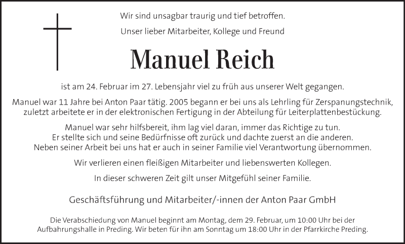  Traueranzeige für Manuel Reich vom 27.02.2016 aus Kleine Zeitung