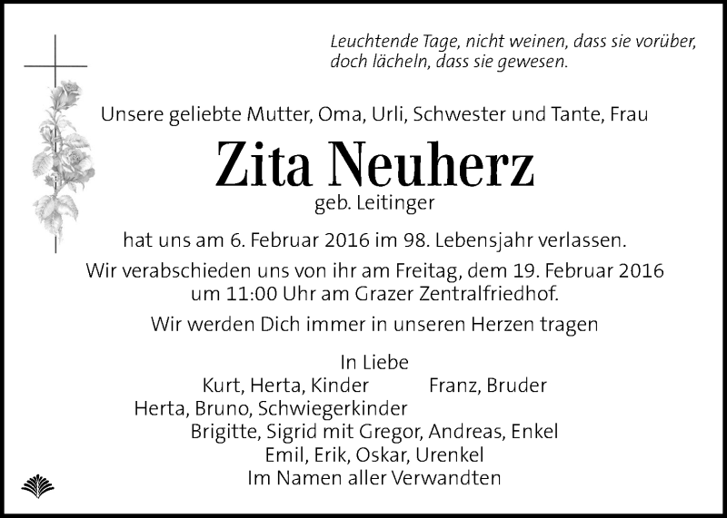  Traueranzeige für Zita Neuherz vom 13.02.2016 aus Kleine Zeitung