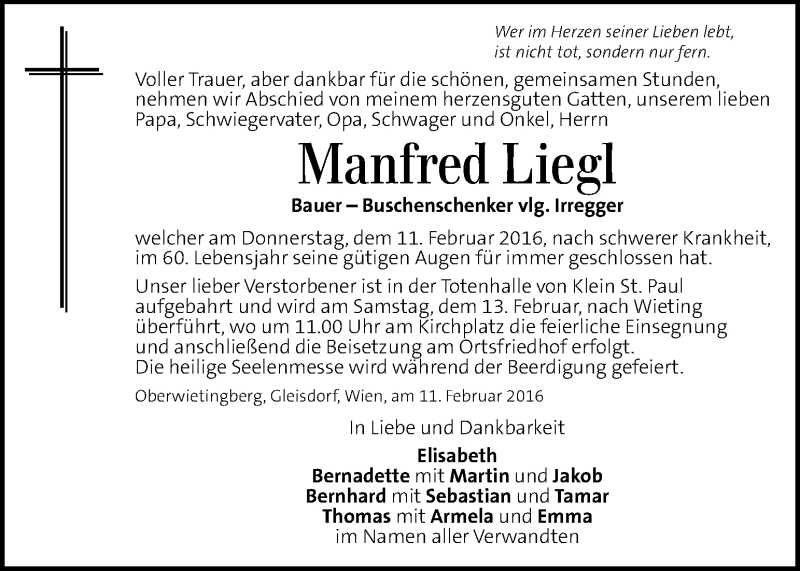  Traueranzeige für Manfred Liegl vom 12.02.2016 aus Kleine Zeitung