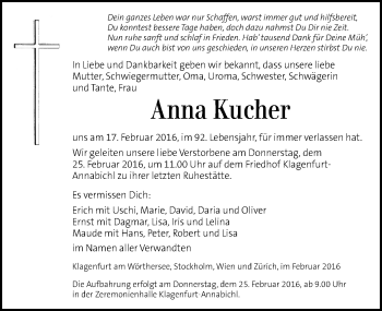 Traueranzeige von Anna Kucher von Kleine Zeitung