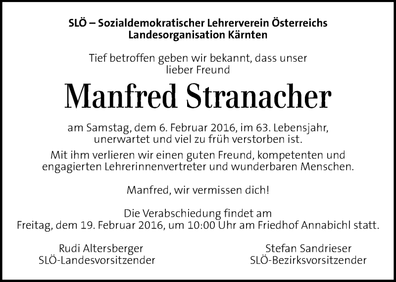  Traueranzeige für Manfred Stranacher vom 16.02.2016 aus Kleine Zeitung