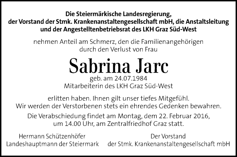  Traueranzeige für Sabrina Jarc vom 18.02.2016 aus Kleine Zeitung