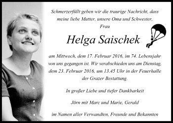 Traueranzeige von Helga Saischek von Kleine Zeitung