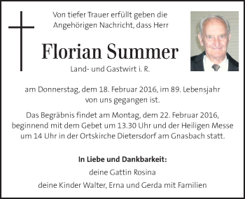 Traueranzeige von Florian Summer von Kleine Zeitung