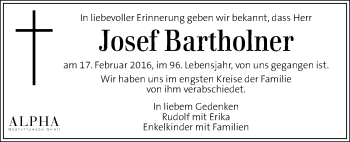 Traueranzeige von Josef Bartholner von Kleine Zeitung