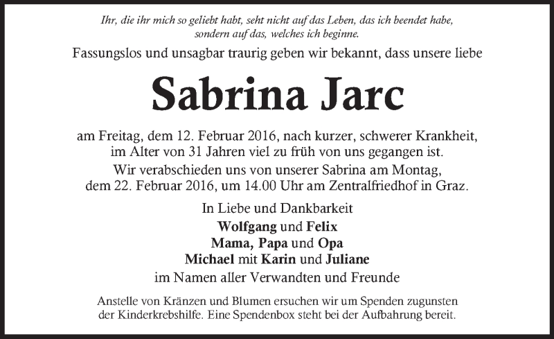  Traueranzeige für Sabrina Jarc vom 18.02.2016 aus Kleine Zeitung
