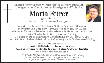 Traueranzeige von Maria Feirer von Kleine Zeitung