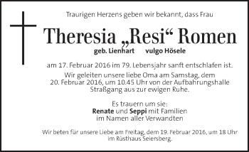 Traueranzeige von Theresia Romen von Kleine Zeitung