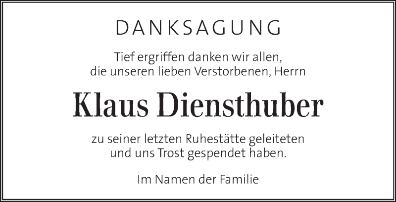 Traueranzeige für Klaus Diensthuber vom 26.02.2016 aus Kleine Zeitung