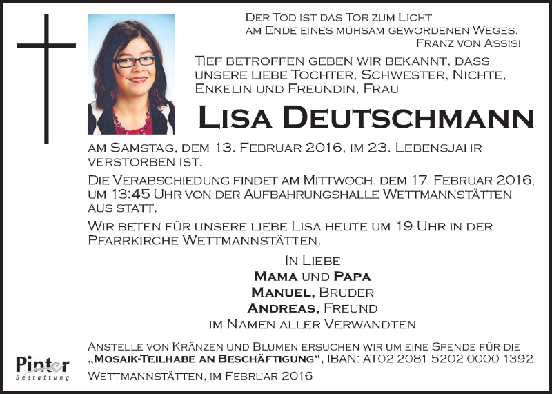  Traueranzeige für Lisa Deutschmann vom 16.02.2016 aus Kleine Zeitung