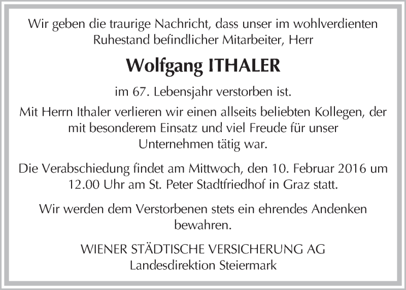  Traueranzeige für Wolfgang Ithaler vom 09.02.2016 aus Kleine Zeitung