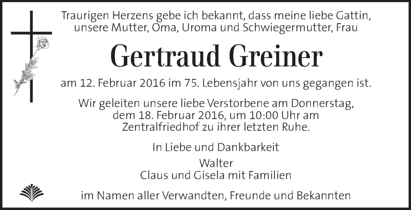  Traueranzeige für Gertraud Greiner vom 17.02.2016 aus Kleine Zeitung
