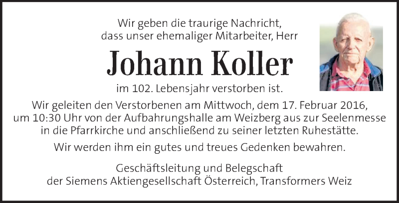  Traueranzeige für Johann Koller vom 17.02.2016 aus Kleine Zeitung