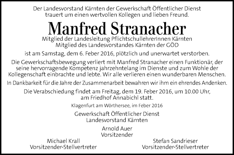  Traueranzeige für Manfred Stranacher vom 16.02.2016 aus Kleine Zeitung