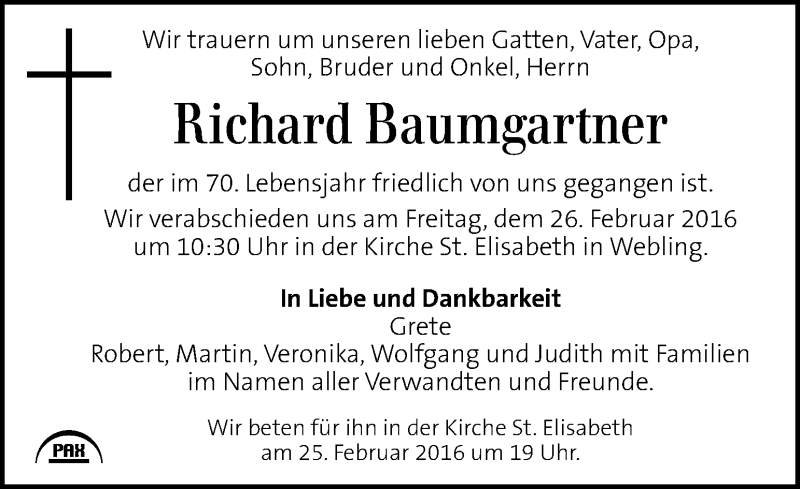  Traueranzeige für Richard Baumgartner vom 24.02.2016 aus Kleine Zeitung