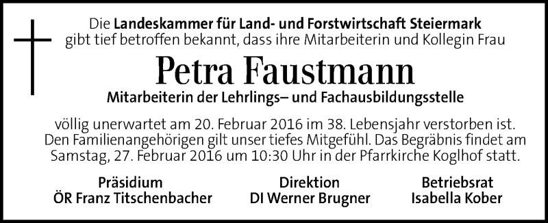  Traueranzeige für Petra Faustmann vom 26.02.2016 aus Kleine Zeitung