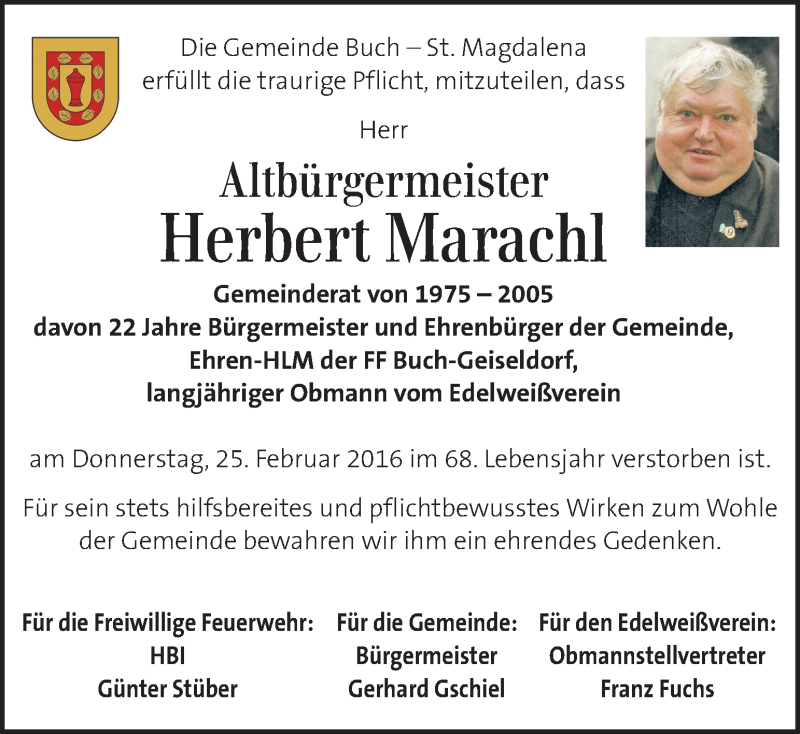  Traueranzeige für Herbert Marachl vom 01.03.2016 aus Kleine Zeitung