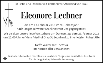 Traueranzeige von Eleonore Lechner von Kleine Zeitung