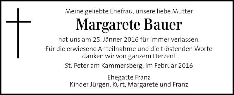  Traueranzeige für Margarete Bauer vom 07.02.2016 aus Kleine Zeitung