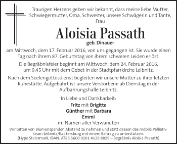 Traueranzeige von Aloisia Passath von Kleine Zeitung