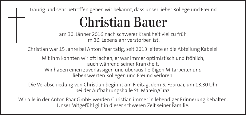  Traueranzeige für Christian Bauer vom 04.02.2016 aus Kleine Zeitung