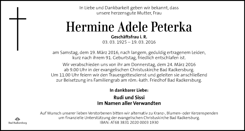  Traueranzeige für Hermine Adele Peterka vom 22.03.2016 aus Kleine Zeitung