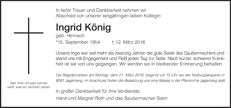  Traueranzeige für Ingrid König vom 18.03.2016 aus Kleine Zeitung