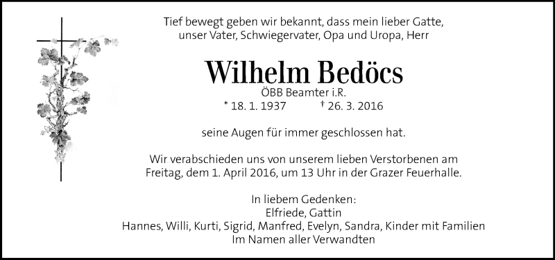  Traueranzeige für Wilhelm Bedöcs vom 31.03.2016 aus Kleine Zeitung