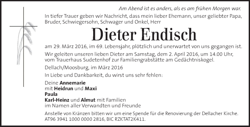  Traueranzeige für Dieter Endisch vom 31.03.2016 aus Kleine Zeitung