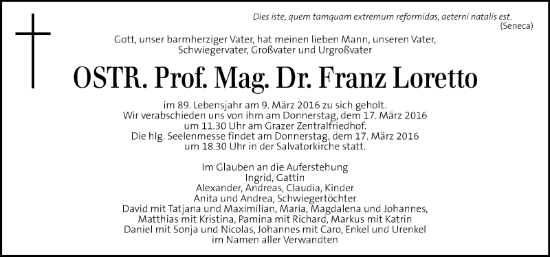  Traueranzeige für Franz Loretto vom 12.03.2016 aus Kleine Zeitung